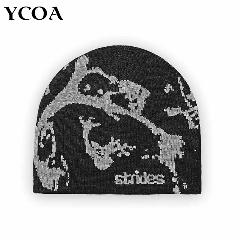 Tech Wear Accessories - ผู้ชายหมวก Strides Splatter หมวกเกาหลีฤดูหนาวถัก Vintage Y2k