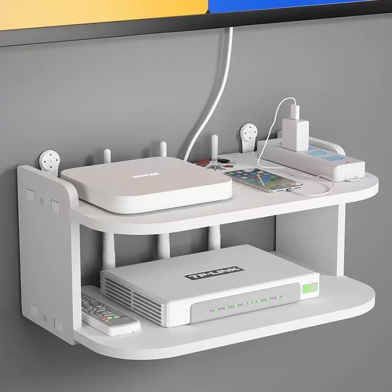 Tech Table Accessories - ชั้นวางเราเตอร์และที่เก็บสายเคเบิลแบบติดผนัง – ไม่ต้องเจาะ ติดตั้งง่าย ระบายอากาศได้ดี สำหรับโมเด็ม