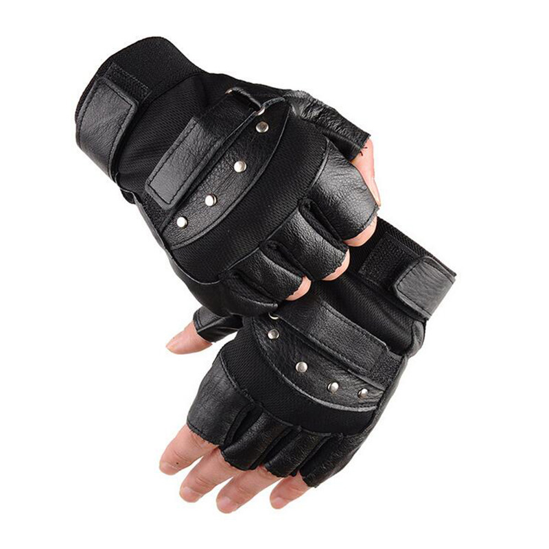 Tech Wear Accessories - ถุงมือปั่นจักรยานถุงมือฟิตเนสหนังครึ่งนิ้วของผู้ชายถุงมือออกกำลังกายยิมสีดำผู้ชายพังค์ G135